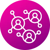 Icono purpura que muestra personas unidas, representando la conexión y el trabajo en equipo.