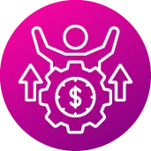Icono púrpura de una persona levantando un signo de dólar.